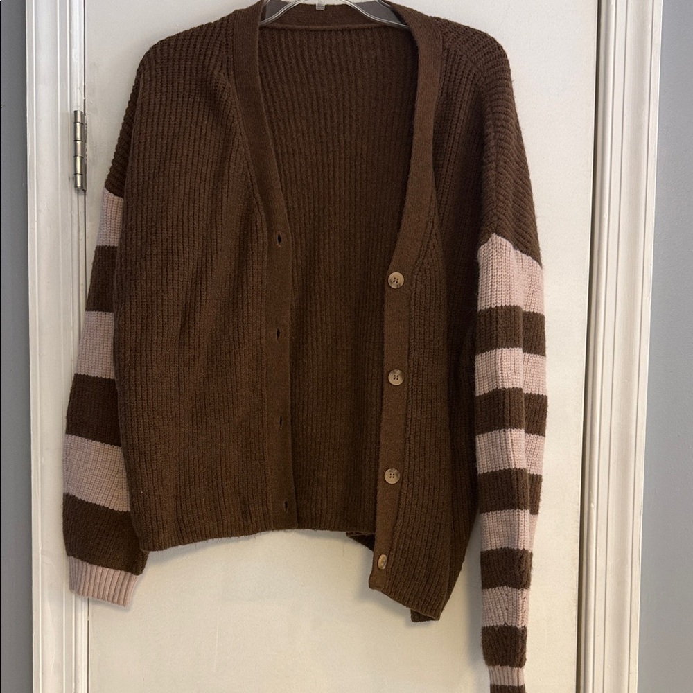 Elegant Brown Cardigan with Striped Sleeves